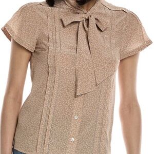 Burberry Ladies Light Copper Tie Neck Floral Print Silk Shirt Brand New w/Tags